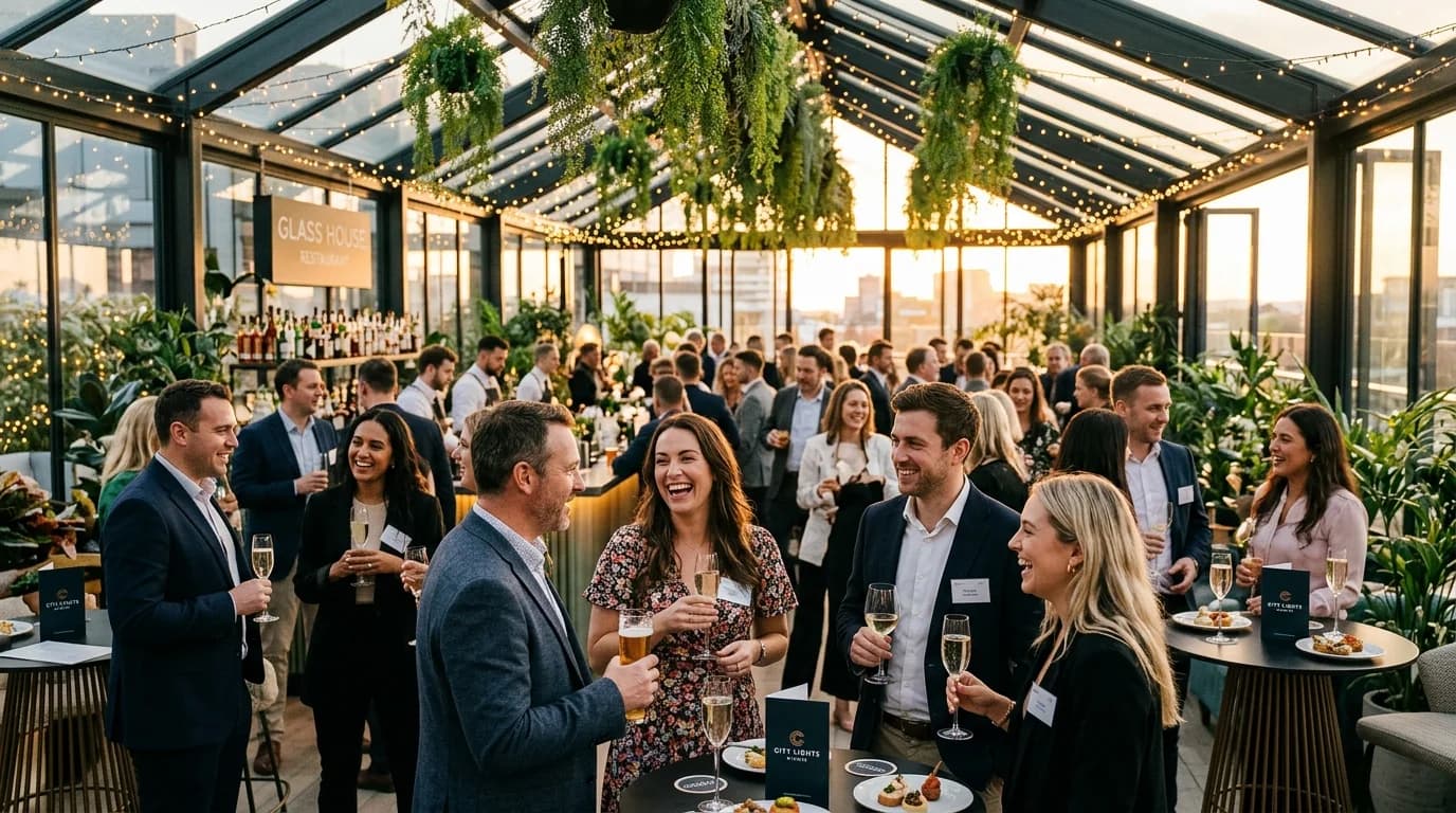 Feestelijke netwerkborrel en receptie in een glazen zaal met feestverlichting