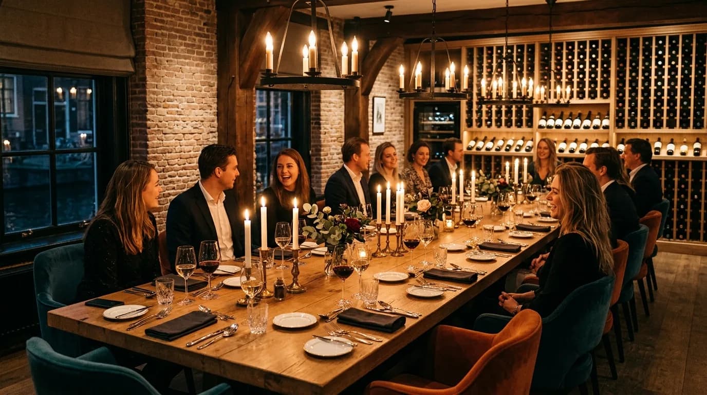 Intiem groepsdiner in een sfeervolle private dining room met kaarslicht en wijnrek