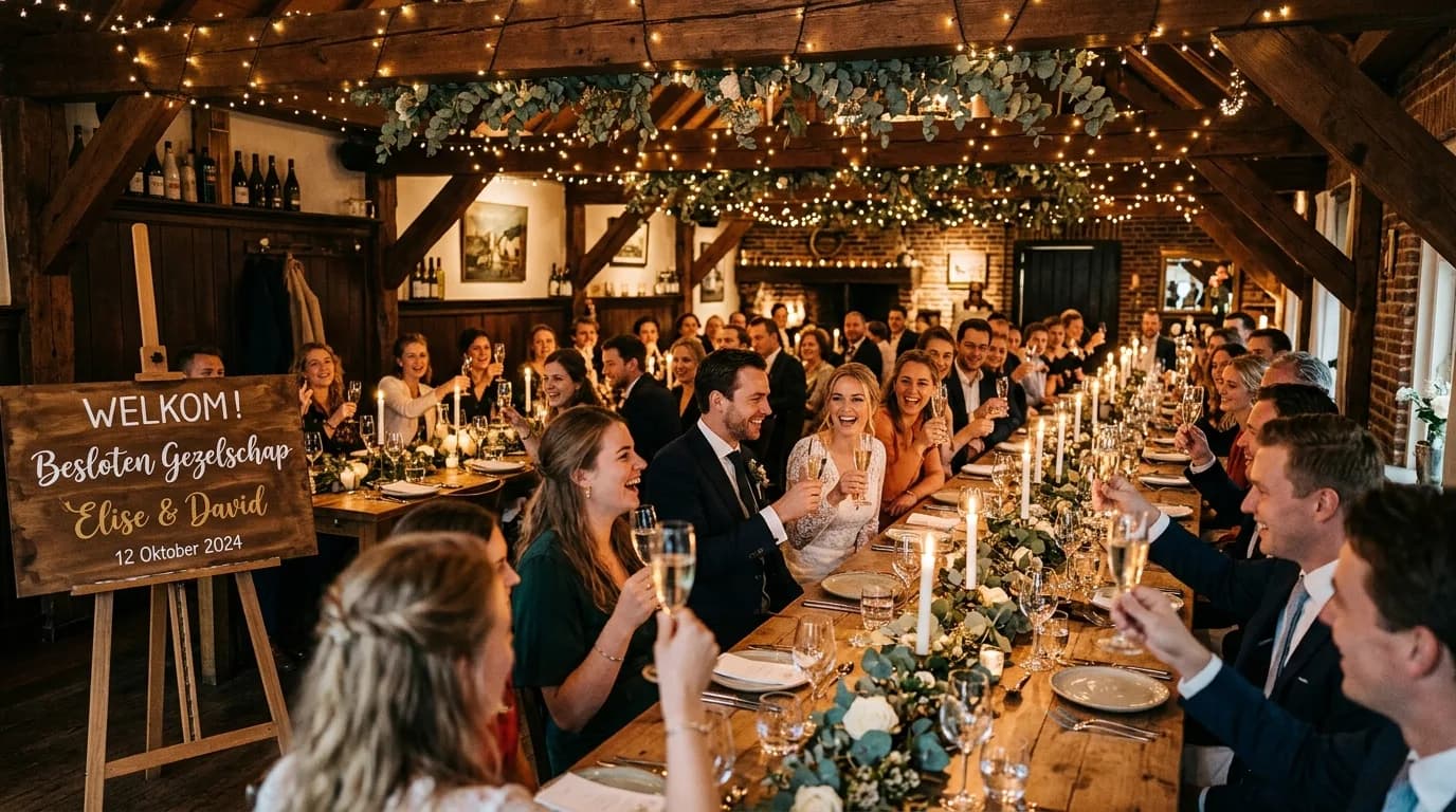 Exclusieve restaurantafhuur voor een sfeervol huwelijksfeest en diner met feestverlichting en welkomstbord