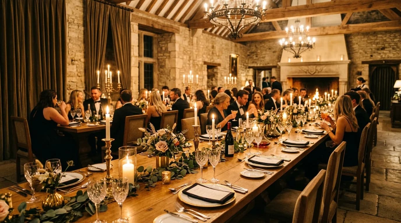 Exclusief groepsdiner in een karakteristieke zaal met gedekte eettafels