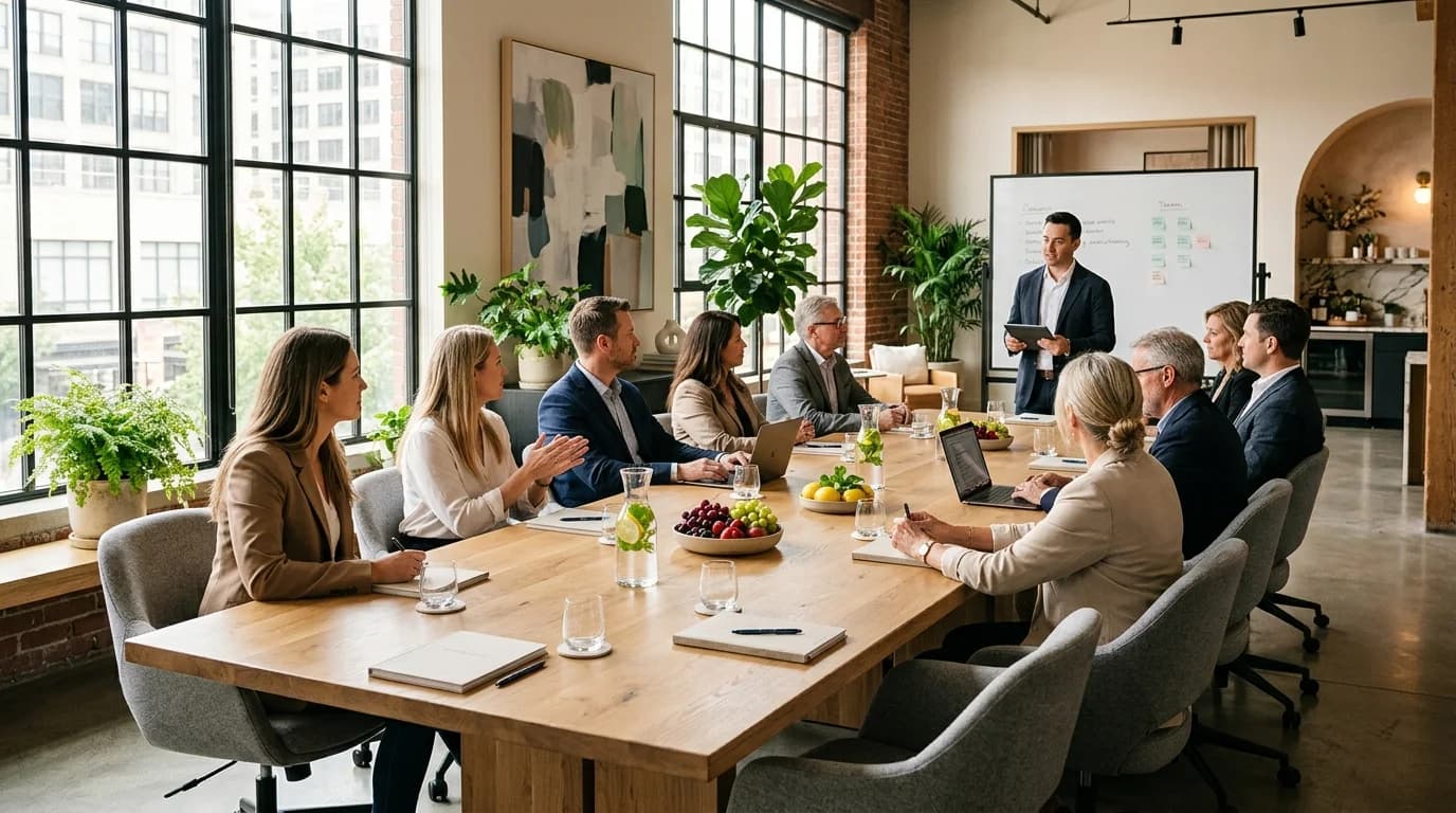 Zakelijke bijeenkomst in een lichte, moderne seminarruimte met presentatiescherm