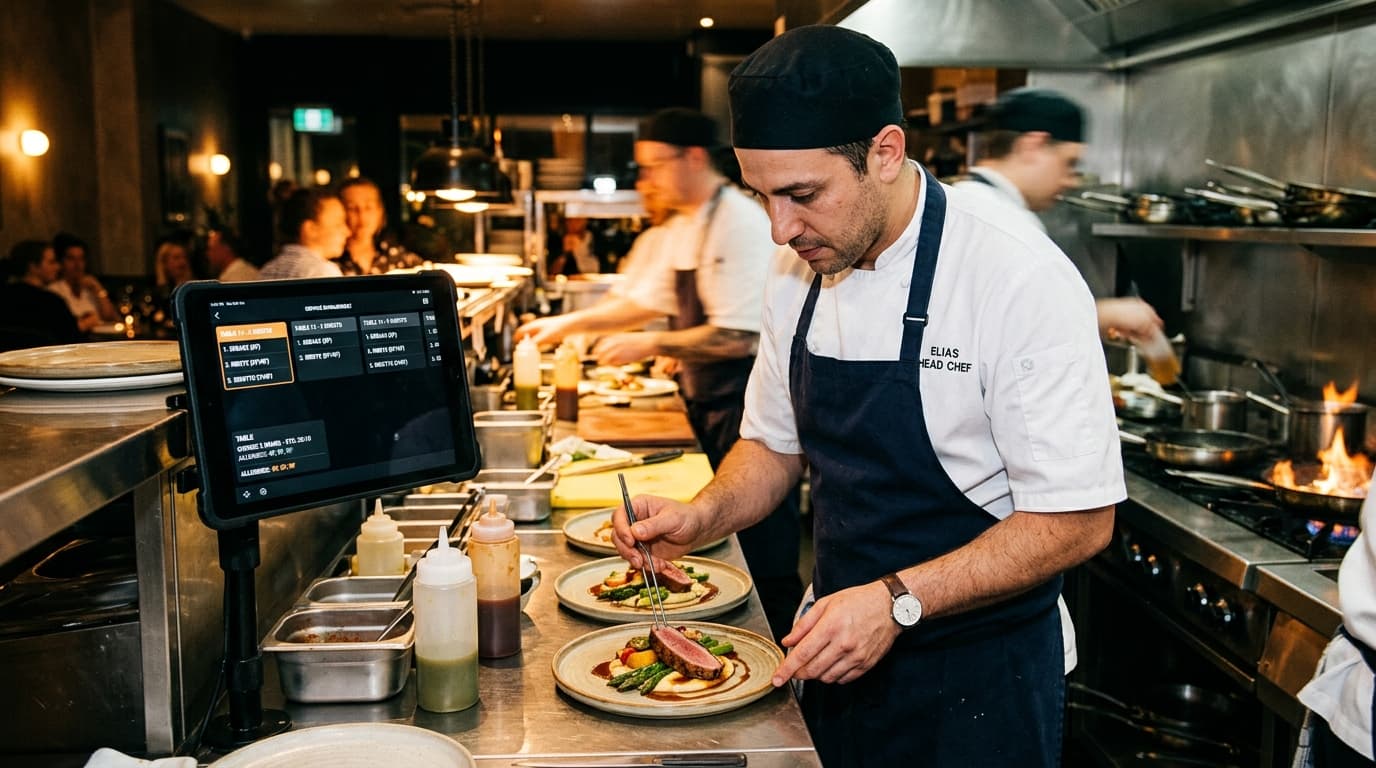 Chef garneert gerechten aan de keukenpas met digitaal keukentablet
