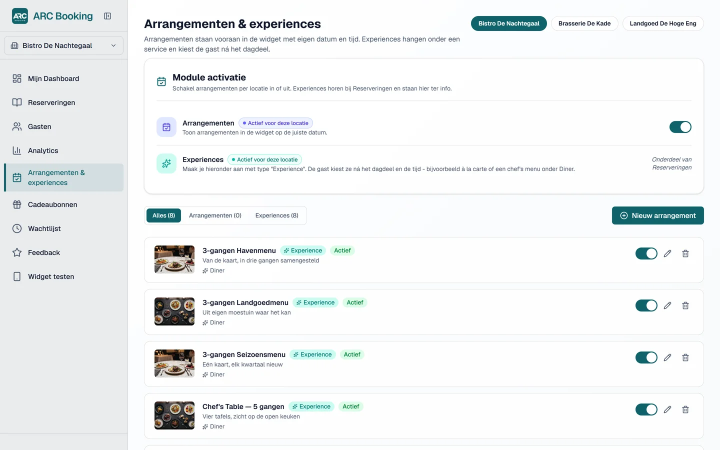 ARC Booking module: Arrangementen & experiences