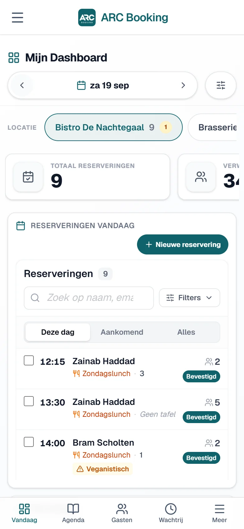 ARC Booking dashboard op mobiel